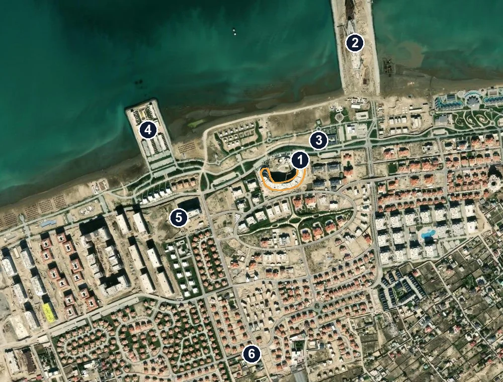 Спутник: 1 — Skyline, 2 — Caspian Dream Liner на молу, 3 — The Choyxona, 4 — Nikki Beach, 5 — Dream Hotel, 6 — магазин Rahat